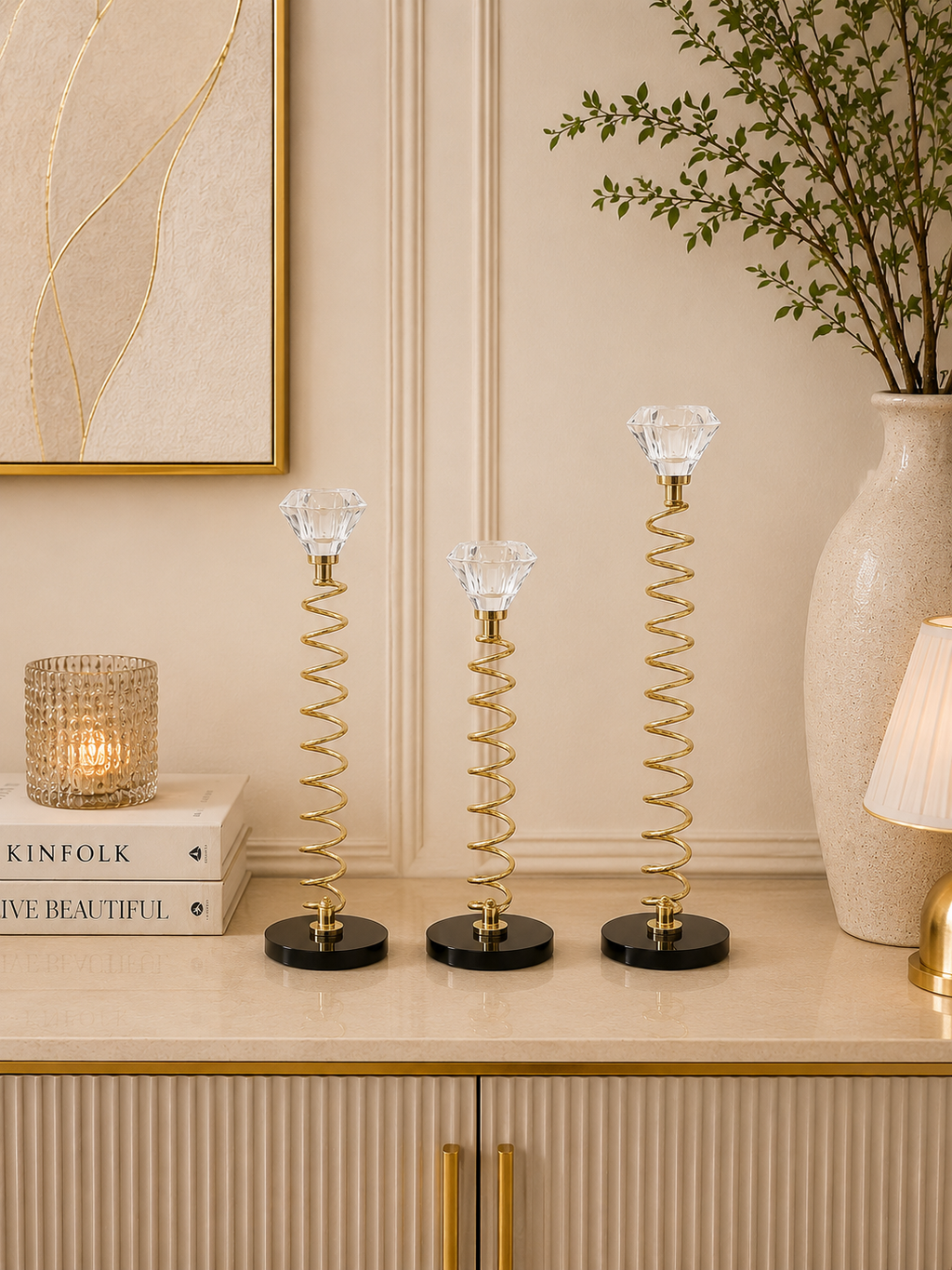 Luxury Spiral Crystal Candle Holder Set (3 Pieces) | Gold Decorative Taper Candle Stands