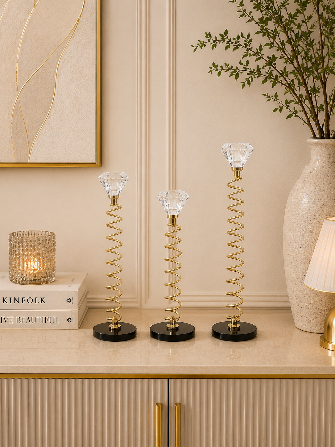 Luxury Spiral Crystal Candle Holder Set (3 Pieces) | Gold Decorative Taper Candle Stands