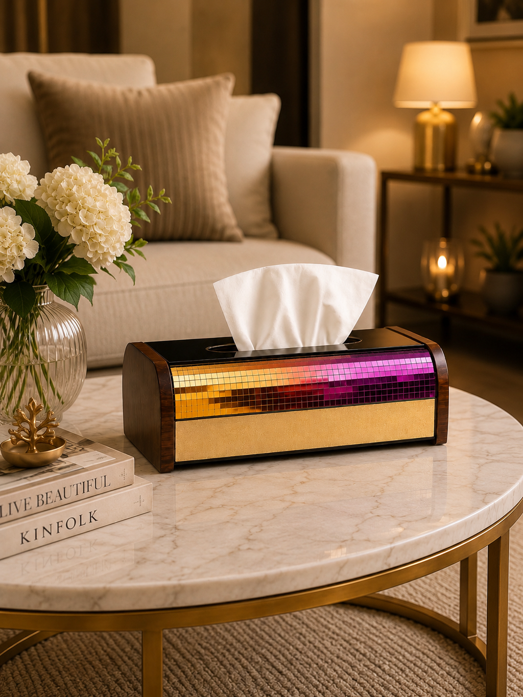 Luxury Gold Mosaic Wooden Tissue Box Holder | Premium Decorative Tissue Box Cover
