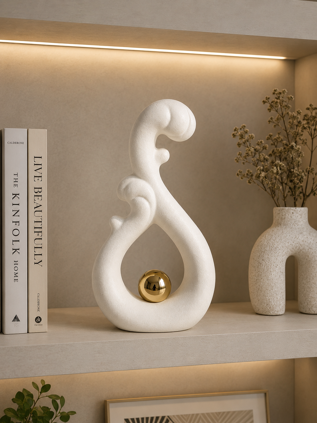 Modern Abstract Wave Sculpture with Gold Sphere – Elegant Home Décor