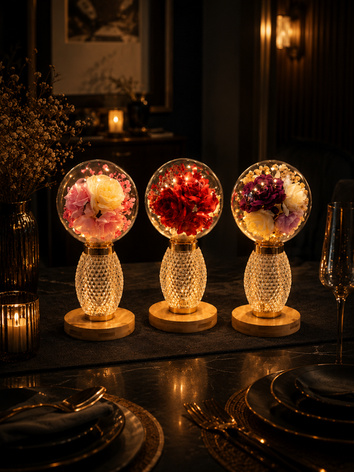 Enchanted Blossom Acrylic Globe Lamp – Luxury Wooden Base LED Night Light