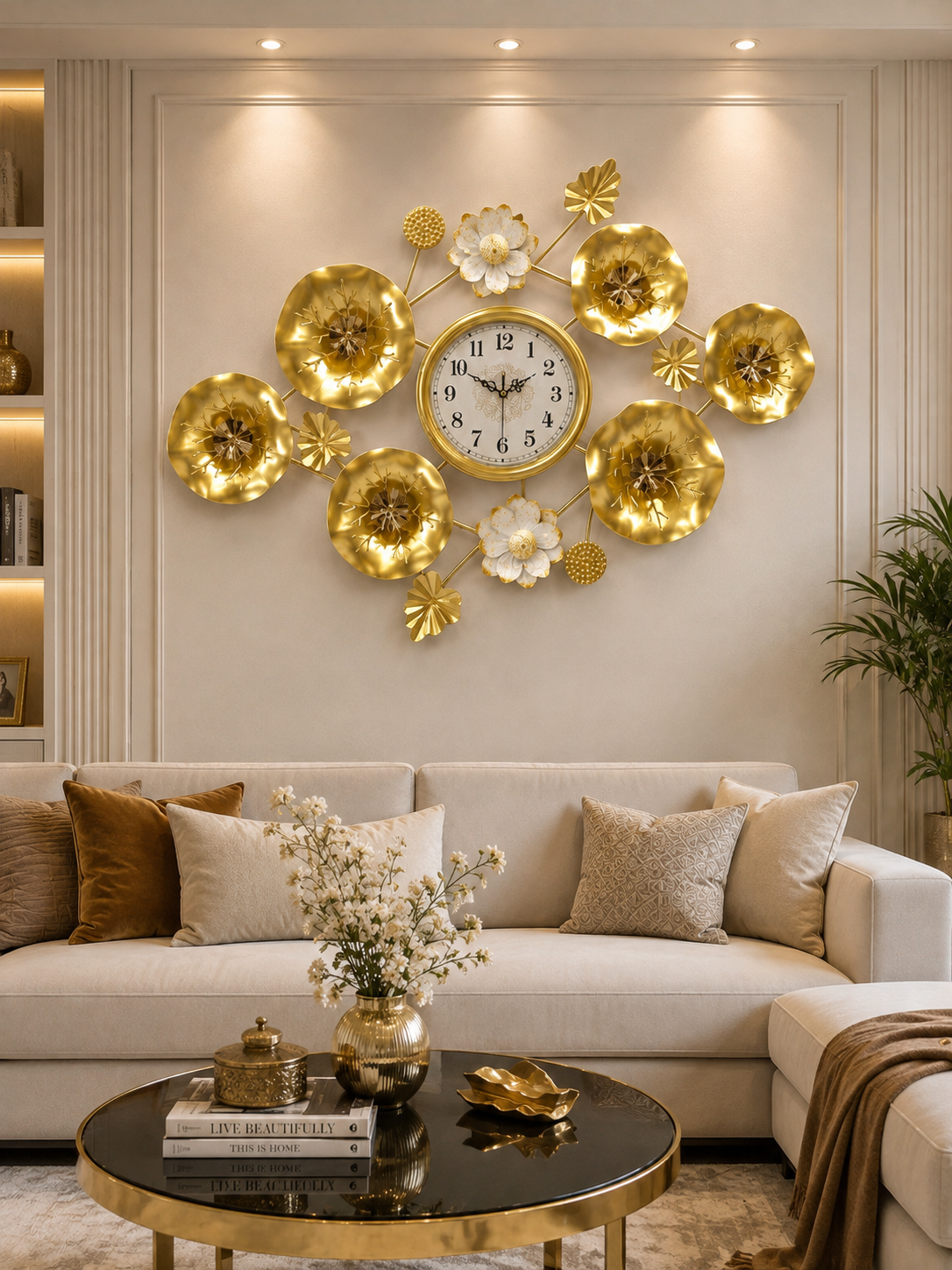 Luxury Golden Floral Wall Clock – Elegant Metallic Flower & Leaf Design