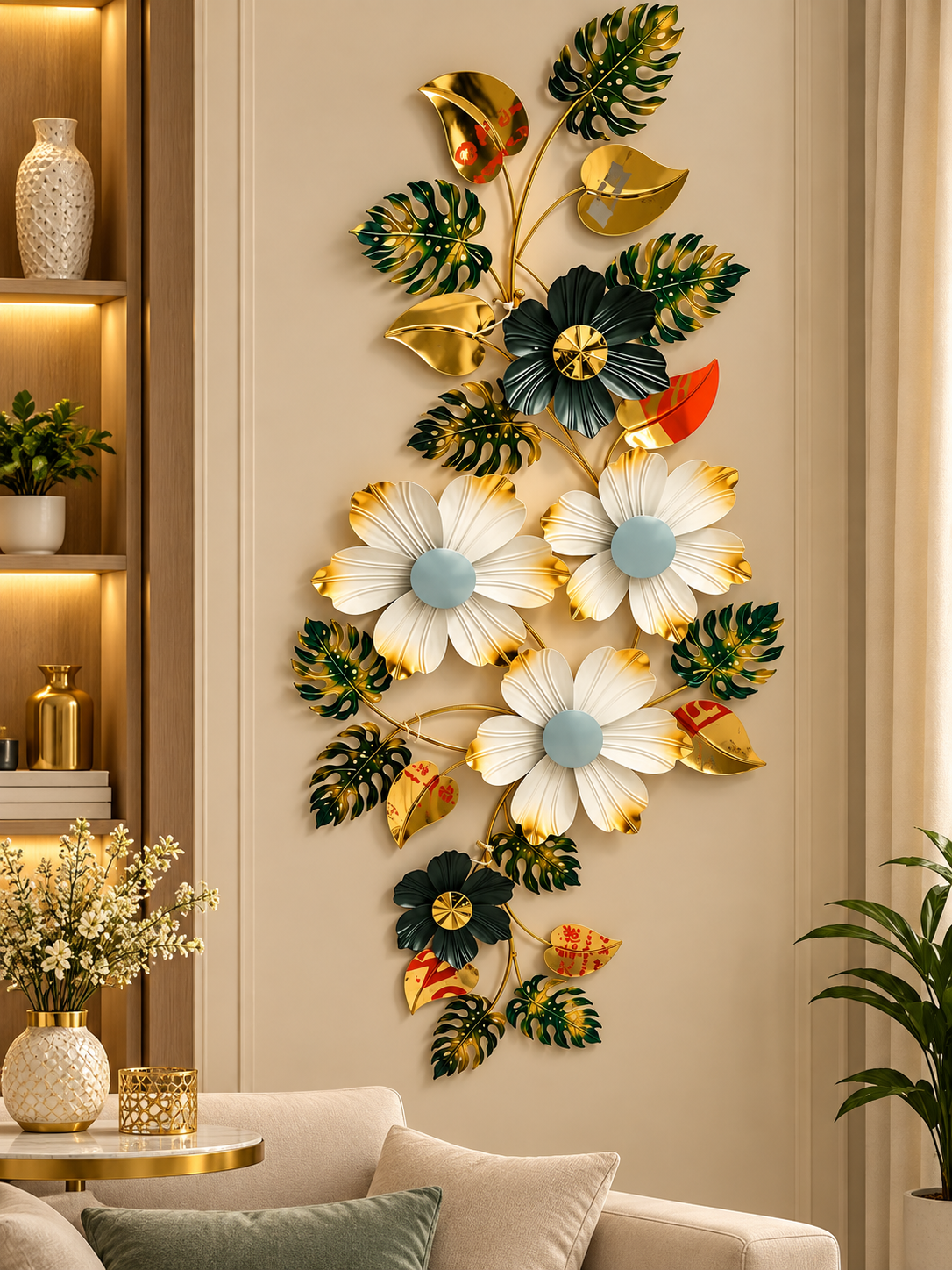 Luxury Gold, Black & Green Floral Metal Wall Art – Elegant Botanical Leaf Décor