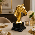 Fiber Horse "Aurum Glory" Golden Horse Bust Statue – Executive Metallic Gold Resin Head Sculpture With Premium Glossy Black Pedestal Base