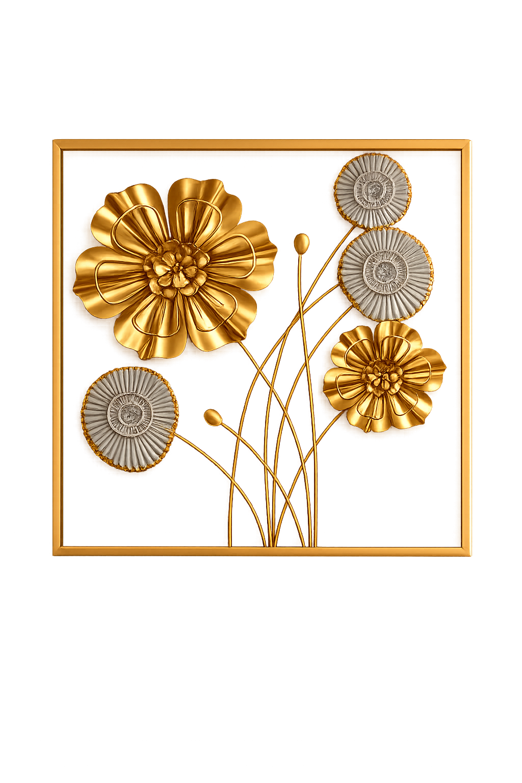 Luxury Gold & Silver Floral Metal Wall Art – Elegant Framed Decorative Wall Panel