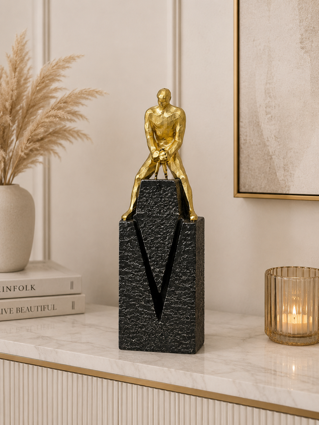 Luxury Golden Golfer Sculpture on Black Textured Base – Modern Sports Decorative Showpiece