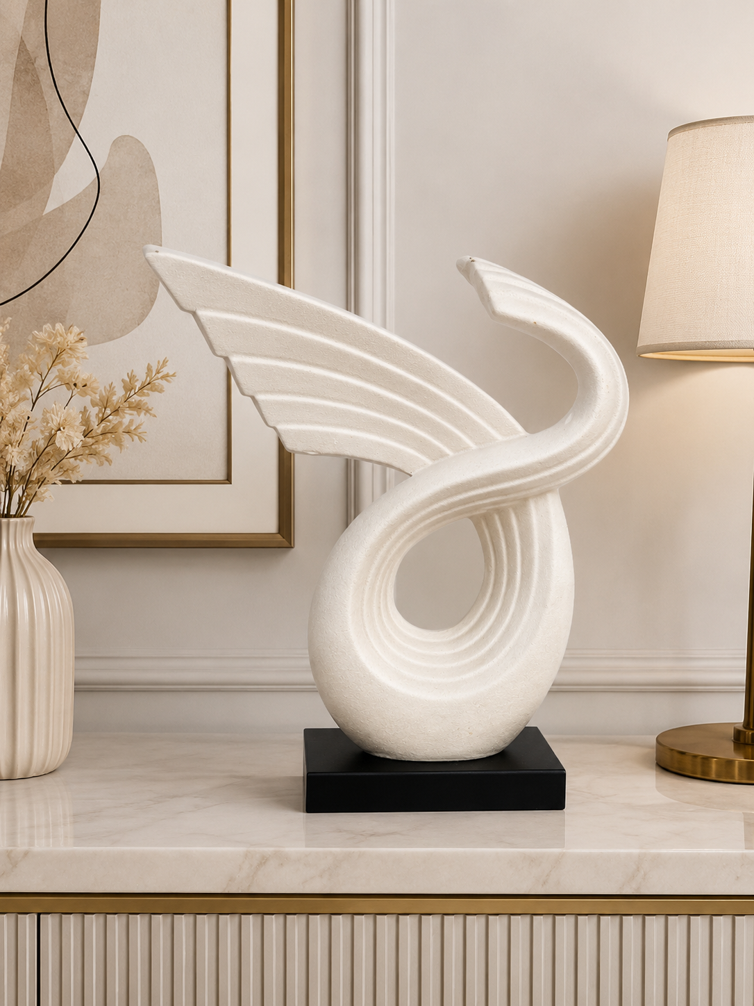 Modern White Angel Wing Decorative Sculpture with Black Base
