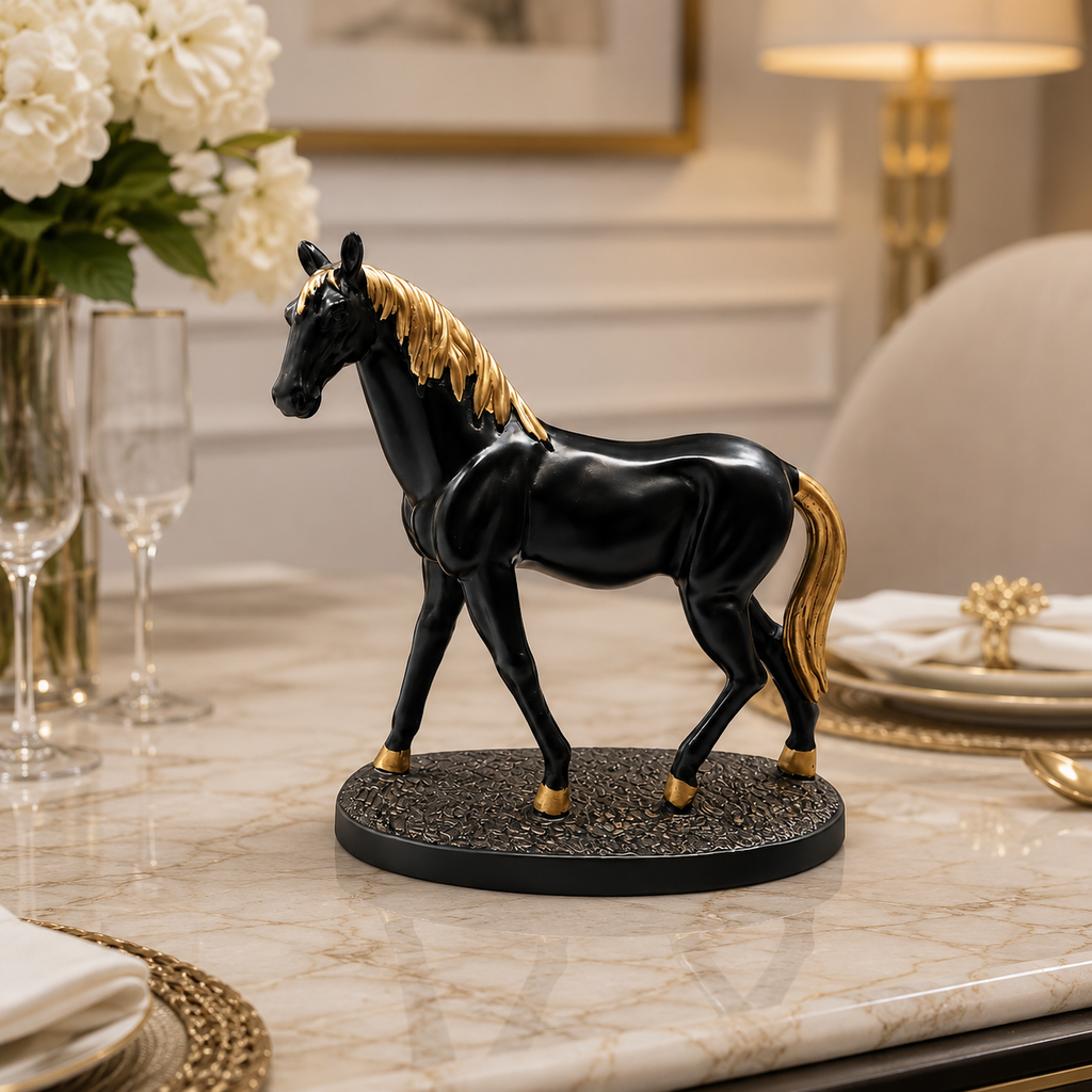 Fiber Horse Royal Walking Horse Statue – 5-Inch Premium Black & Gold Resin Art Piece For Elegant Home Decor, Office Desk & Luxury Gifting