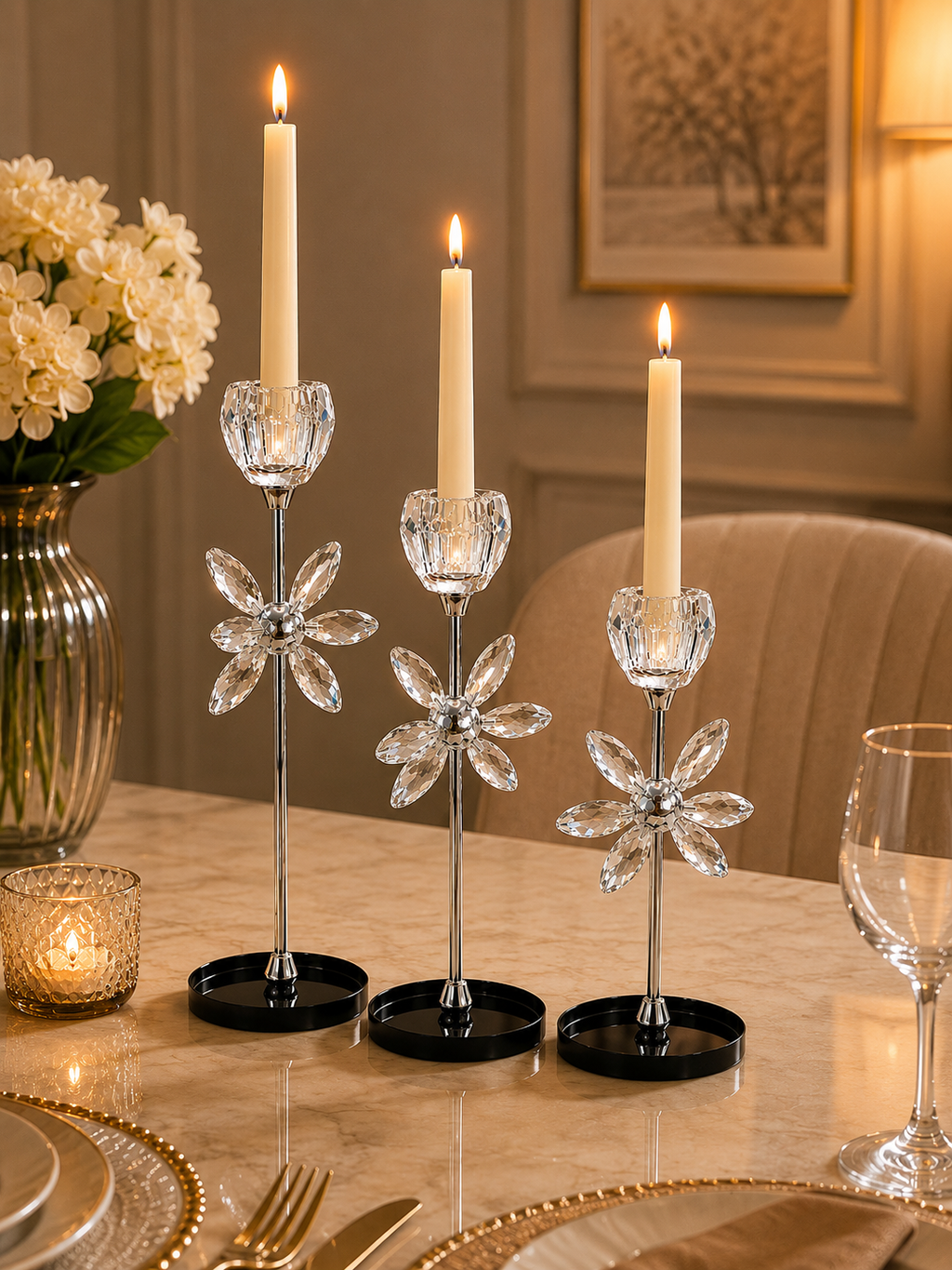 Luxury Crystal Flower Candle Holder Set of 3 – Modern Glass Taper Candle Stand with Black Base