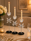 Luxury Crystal Flower Candle Holder Set of 3 – Modern Glass Taper Candle Stand with Black Base