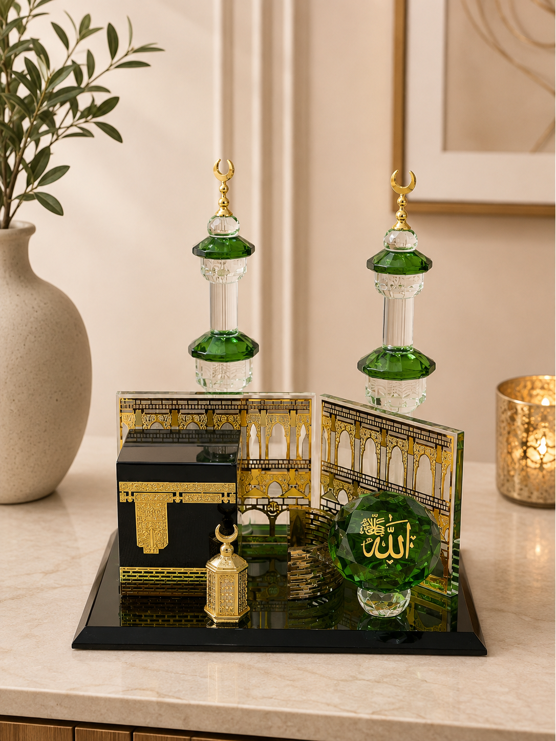 Luxury 3D Kaaba & Masjid Al-Haram Islamic Decorative Showpiece – Premium Green & Gold Décor