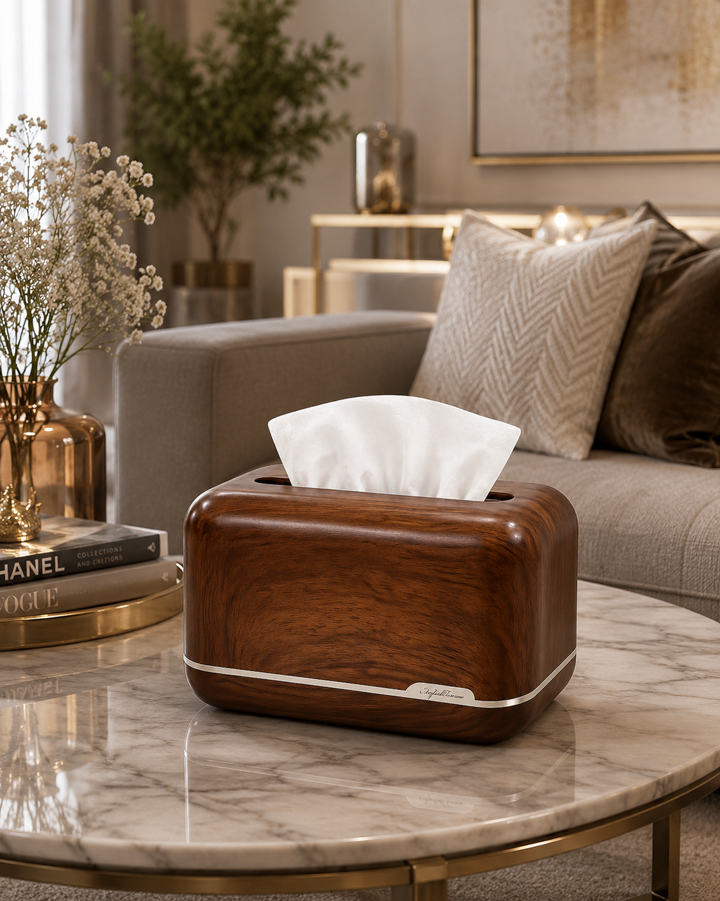 Luxury Walnut Wood Grain Tissue Box Holder | Modern Decorative Tissue Box Cover for Living Room, Dining Table & Office