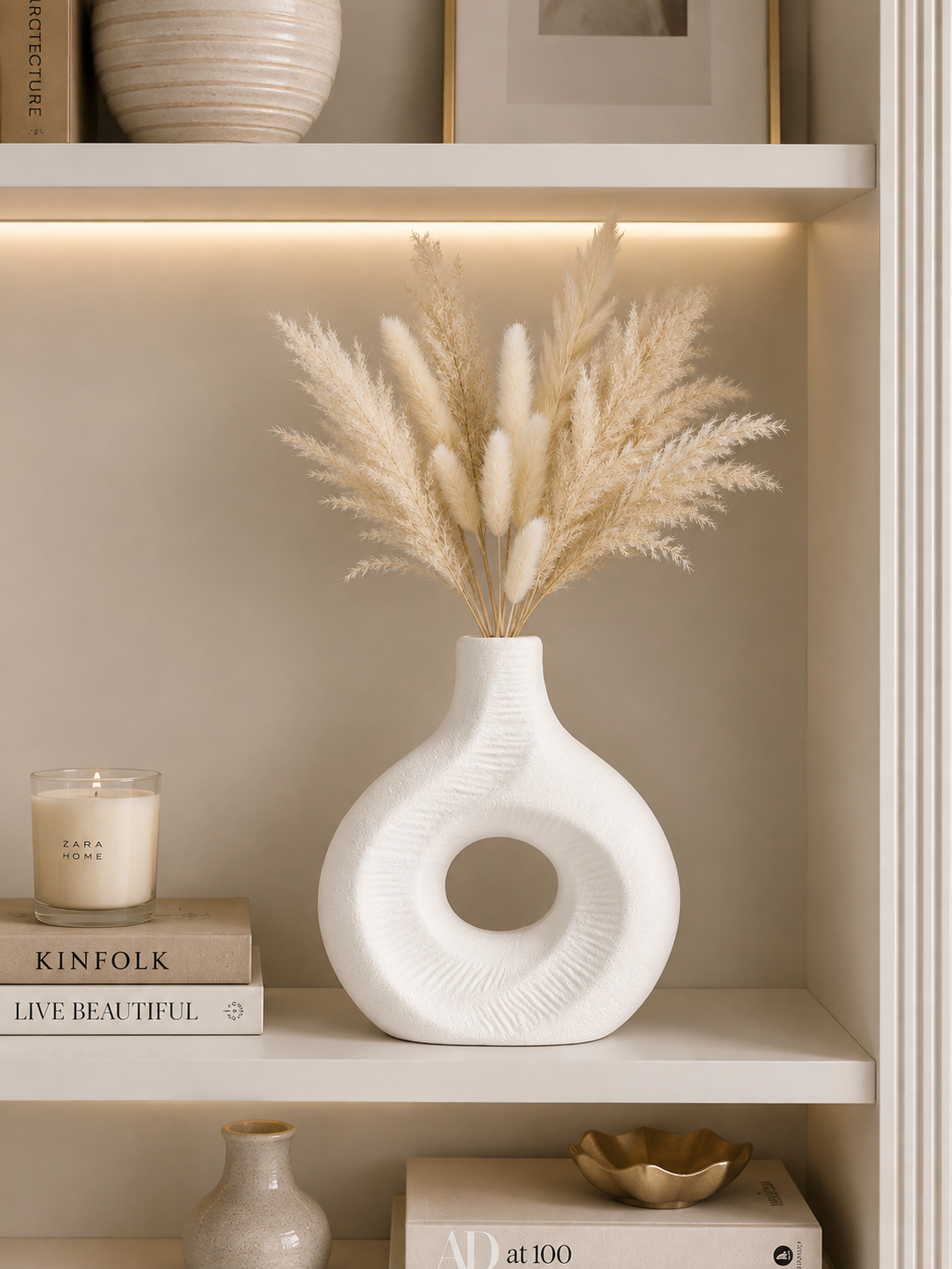 Modern White Textured Ceramic Vase with Circular Cut-Out Design