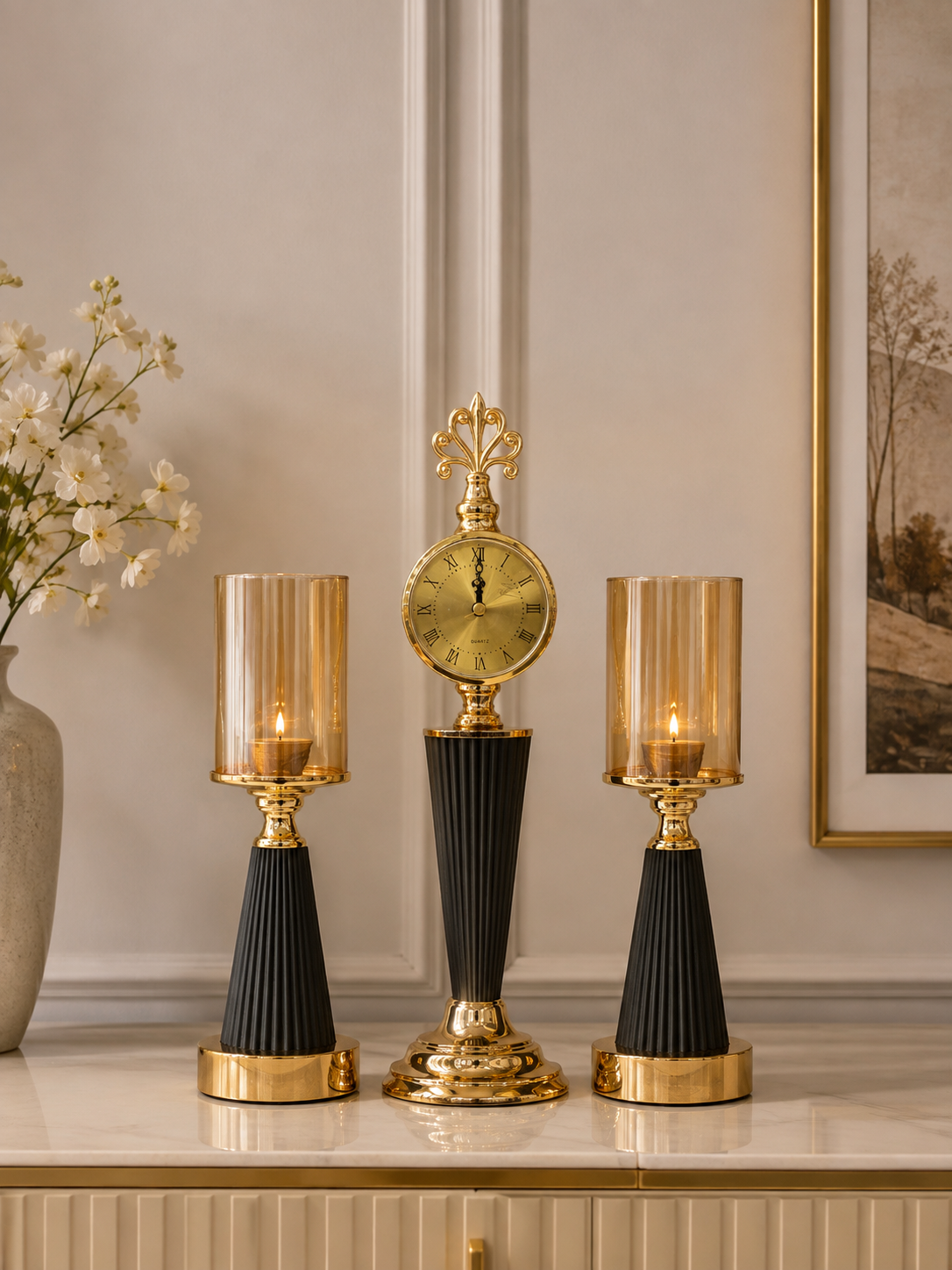 3-Piece Luxury Clock & Candle Holder Set | Modern Decorative Table Décor | Black & Gold