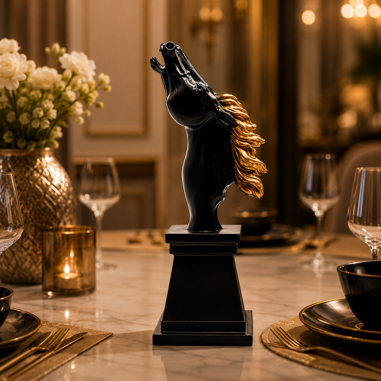 Fiber Horse "Triumphant Echo" Neighing Horse Bust Statue – Executive Black & Gold Resin Head Sculpture With Luxury Pedestal Pillar Base