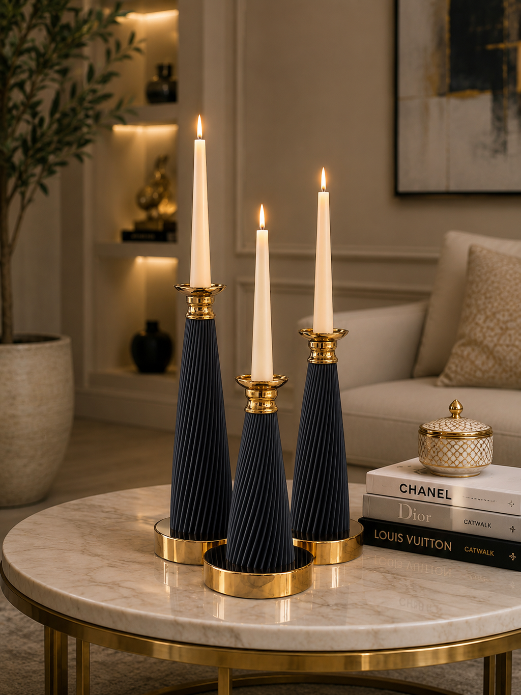 Luxury 3-Piece Black & Gold Ribbed Candle Holder Set | Modern Decorative Taper Candle Stands | Resin Candlestick Set