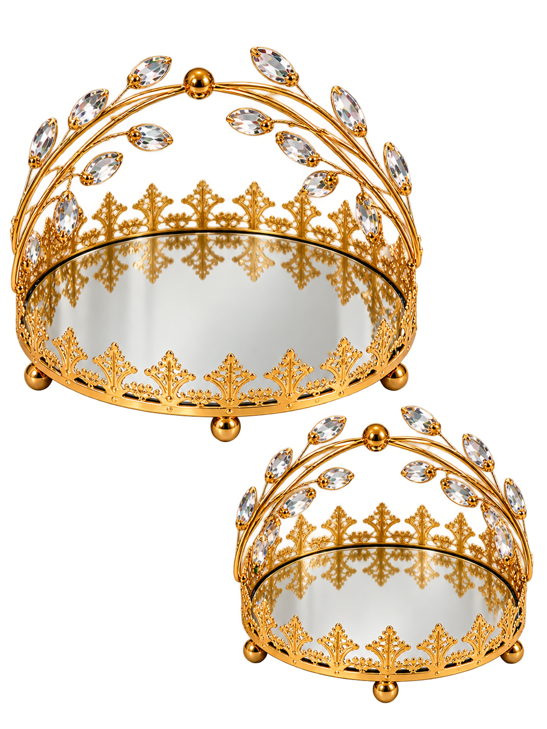 Luxury Gold Crystal Crown Decorative Mirror Tray Set – 2-Piece