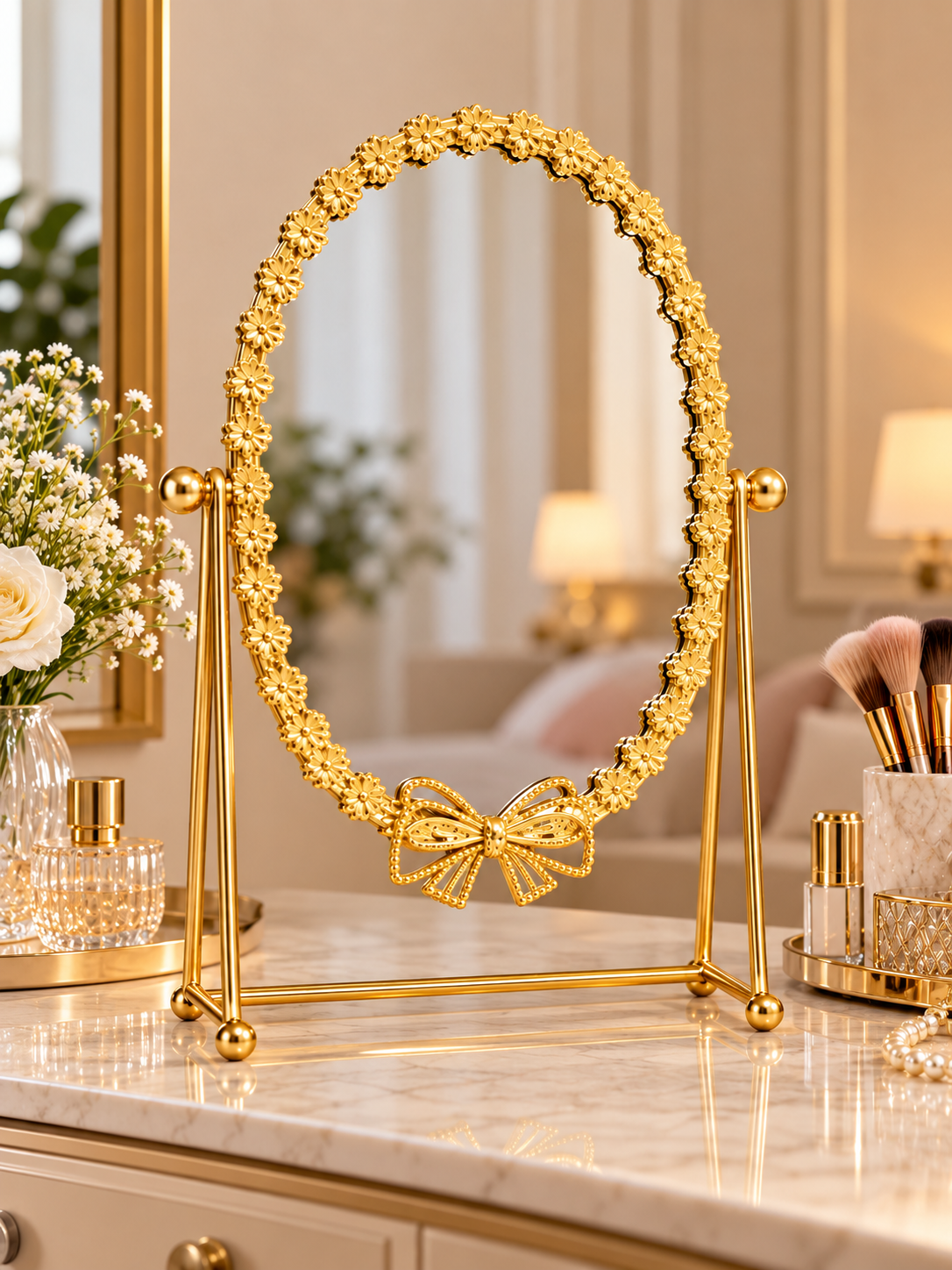 Luxury Gold Oval Vanity Mirror with Floral Frame and Decorative Bow – Elegant Tabletop Dressing Mirror