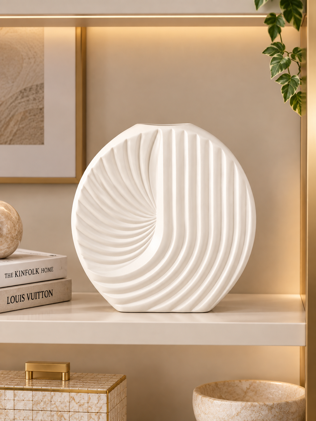 Modern White Sculptural Ceramic Vase – Ribbed Fan Design Decorative Vase