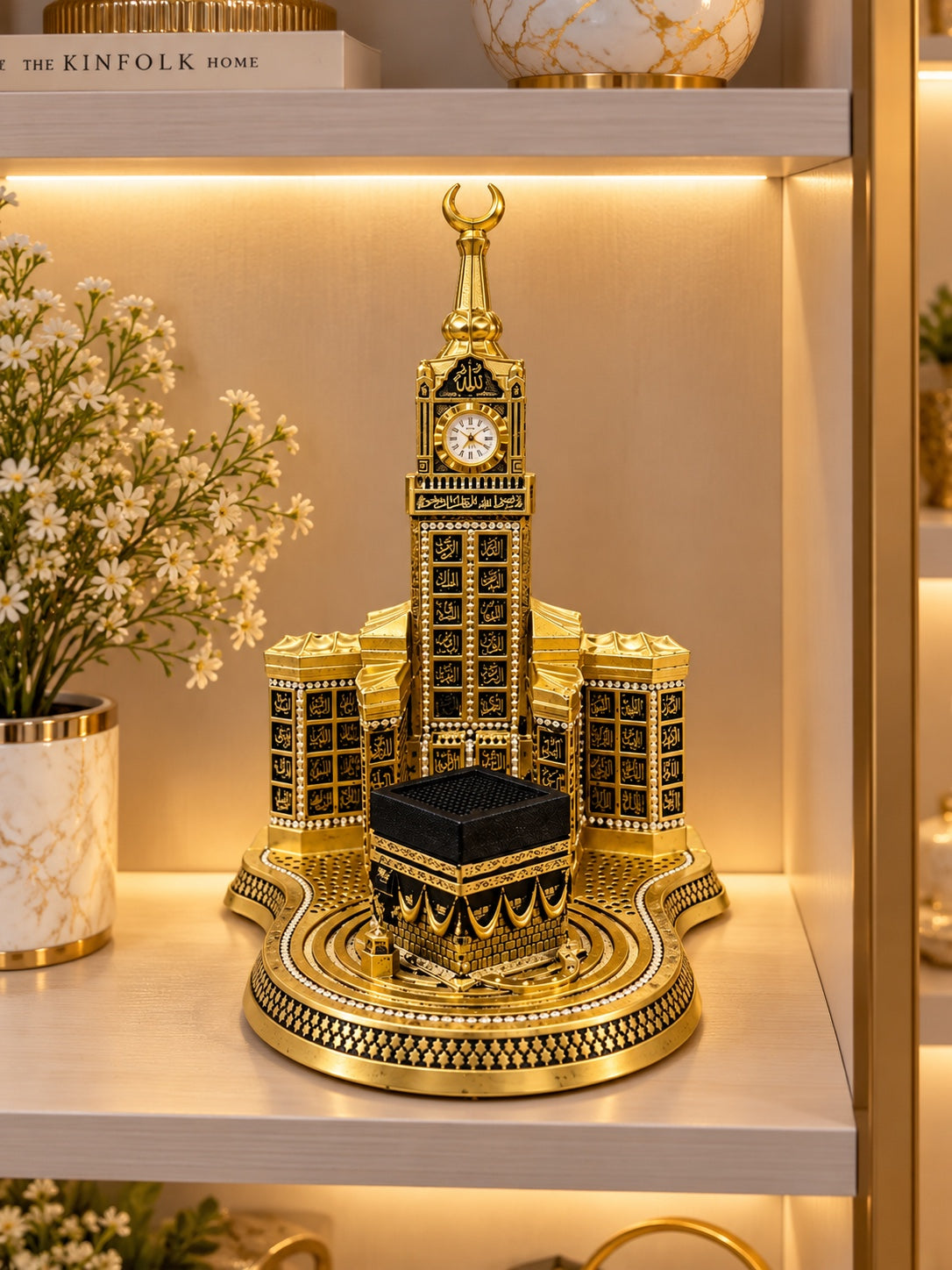 Premium Makkah Kaaba & Masjid Al-Haram Decorative Clock Showpiece – Gold & Black Islamic Decor