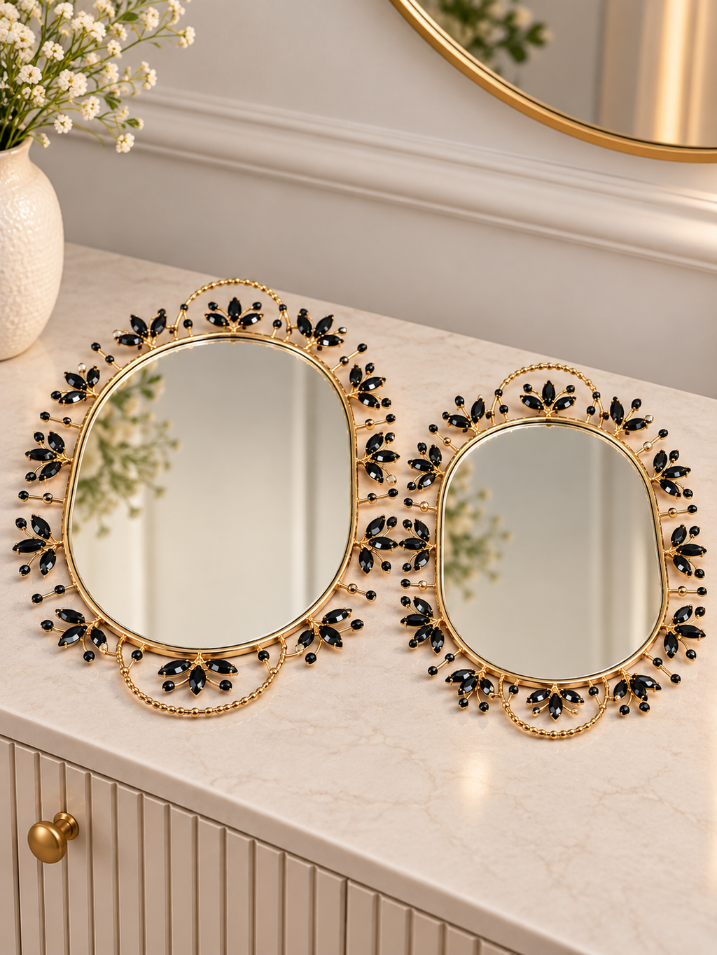 Luxury Gold & Black Leaf Design Decorative Mirror Set – Elegant Vanity Mirrors