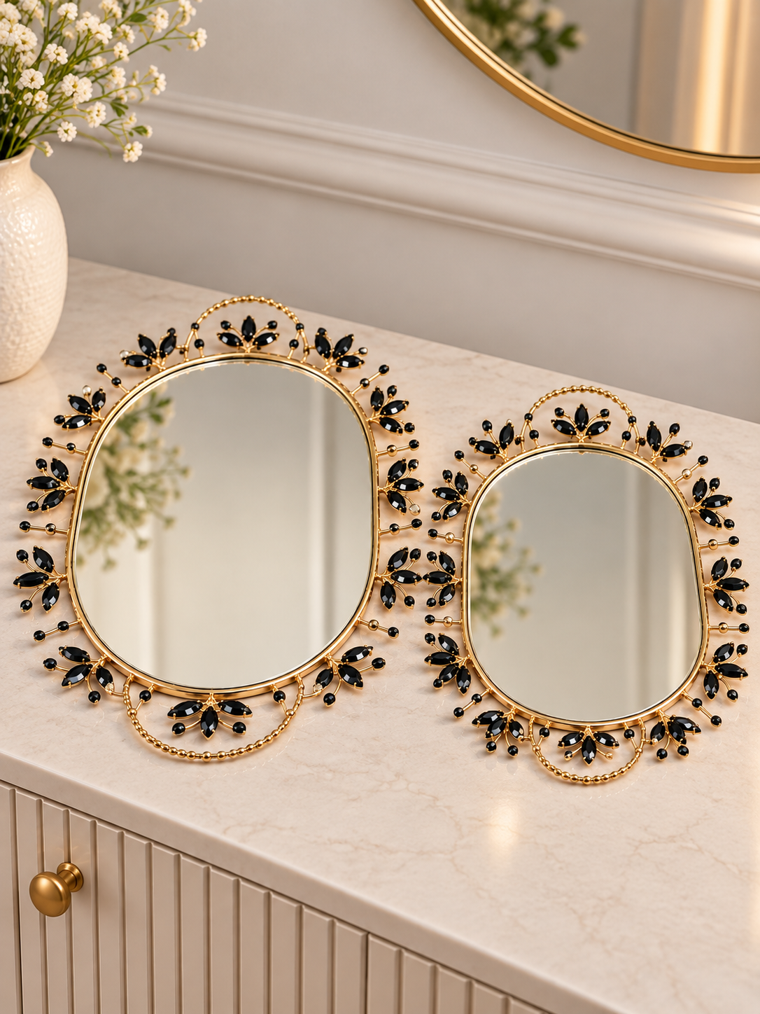 Luxury Gold & Black Leaf Design Decorative Mirror Set – Elegant Vanity Mirrors