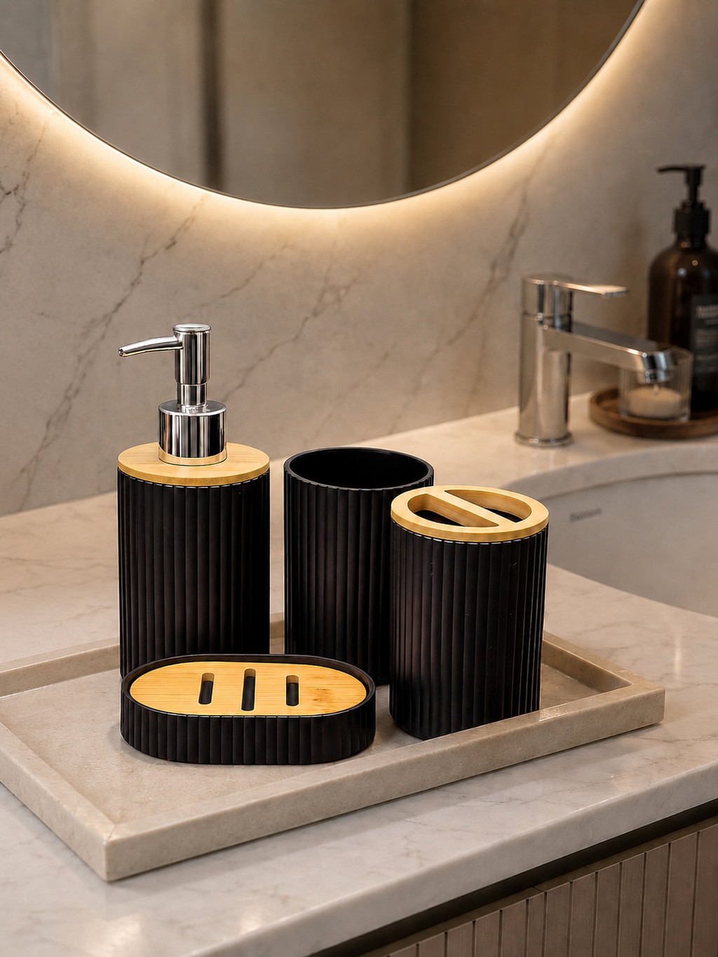 Piece Black Bathroom Accessories Set with Bamboo Lid | Soap Dispenser, Toothbrush Holder, Tumbler & Soap Dish