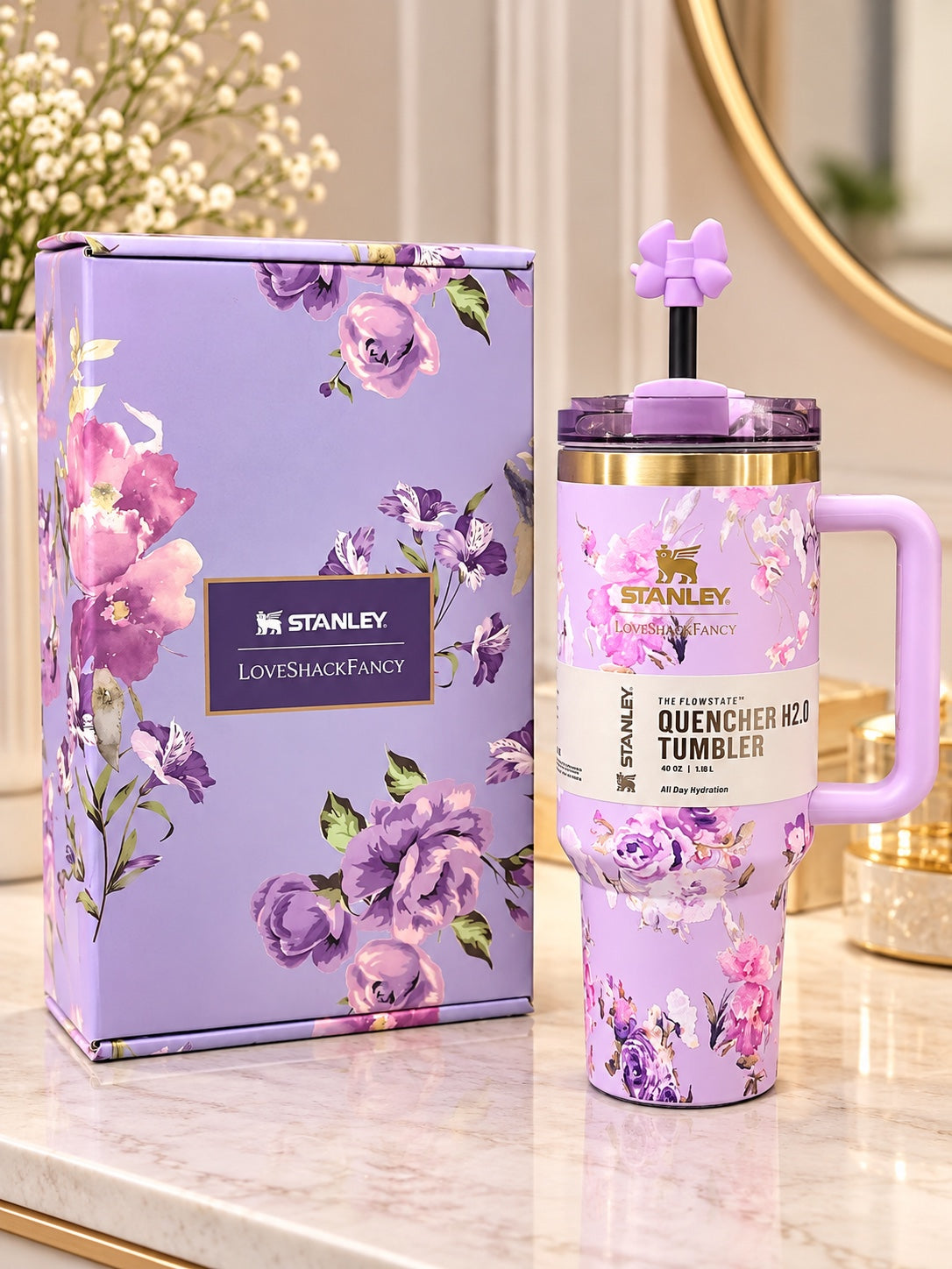 Stanley x LoveShackFancy Purple Floral Bow Quencher H2.0 Tumbler 40 oz