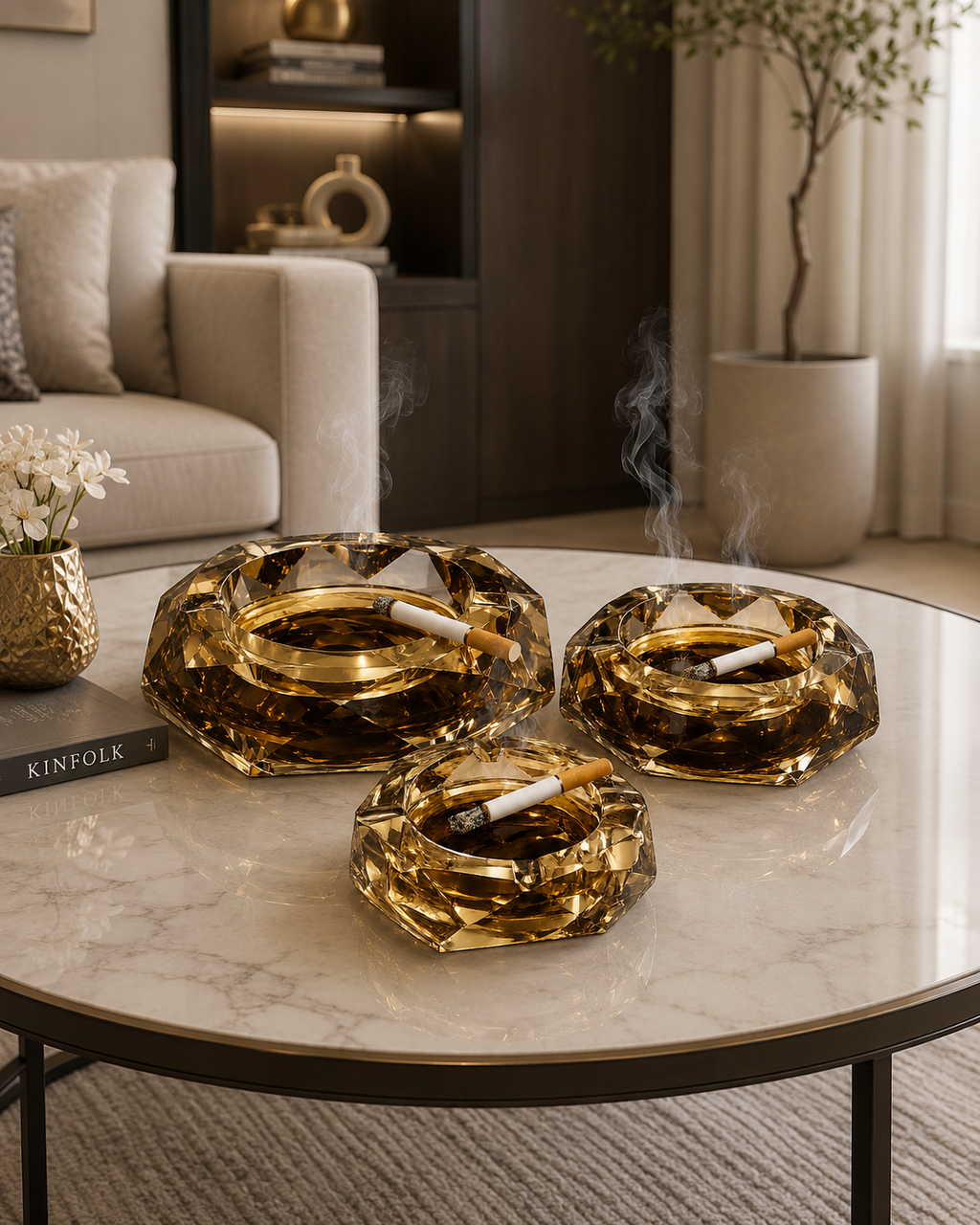 Luxury Crystal Glass Ashtray | Faceted Amber Crystal Cigarette Ashtray | Modern Tabletop Smoking Accessory