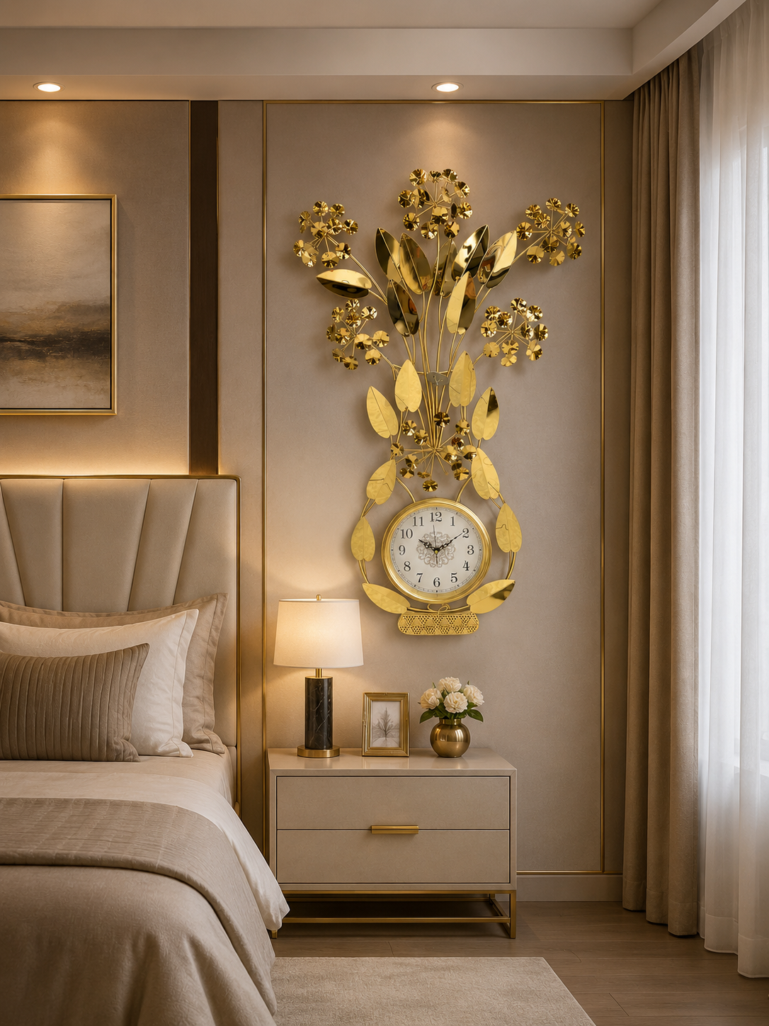 Luxury Golden Floral Wall Clock – Elegant Leaf & Blossom Decorative Clock