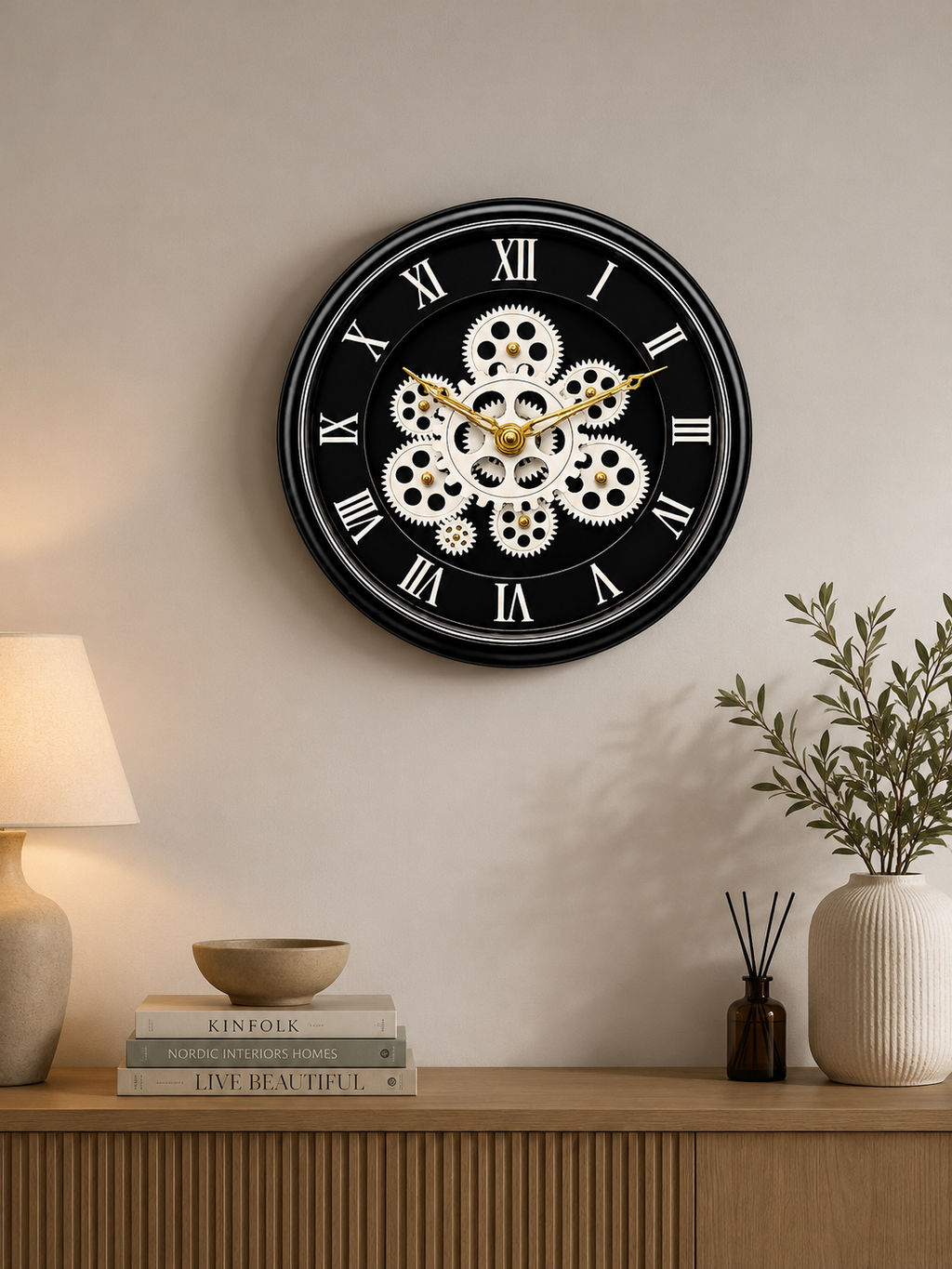 Luxury Black Skeleton Gear Wall Clock with Roman Numerals – Modern Decorative Silent Wall Clock for Living Room, Office & Bedroom