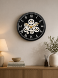Luxury Black Skeleton Gear Wall Clock with Roman Numerals – Modern Decorative Silent Wall Clock for Living Room, Office & Bedroom