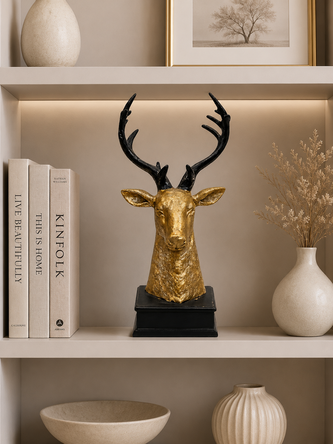 Luxury Deer Head Sculpture | Gold & Black Resin Stag Statue | Modern Tabletop Home Decor