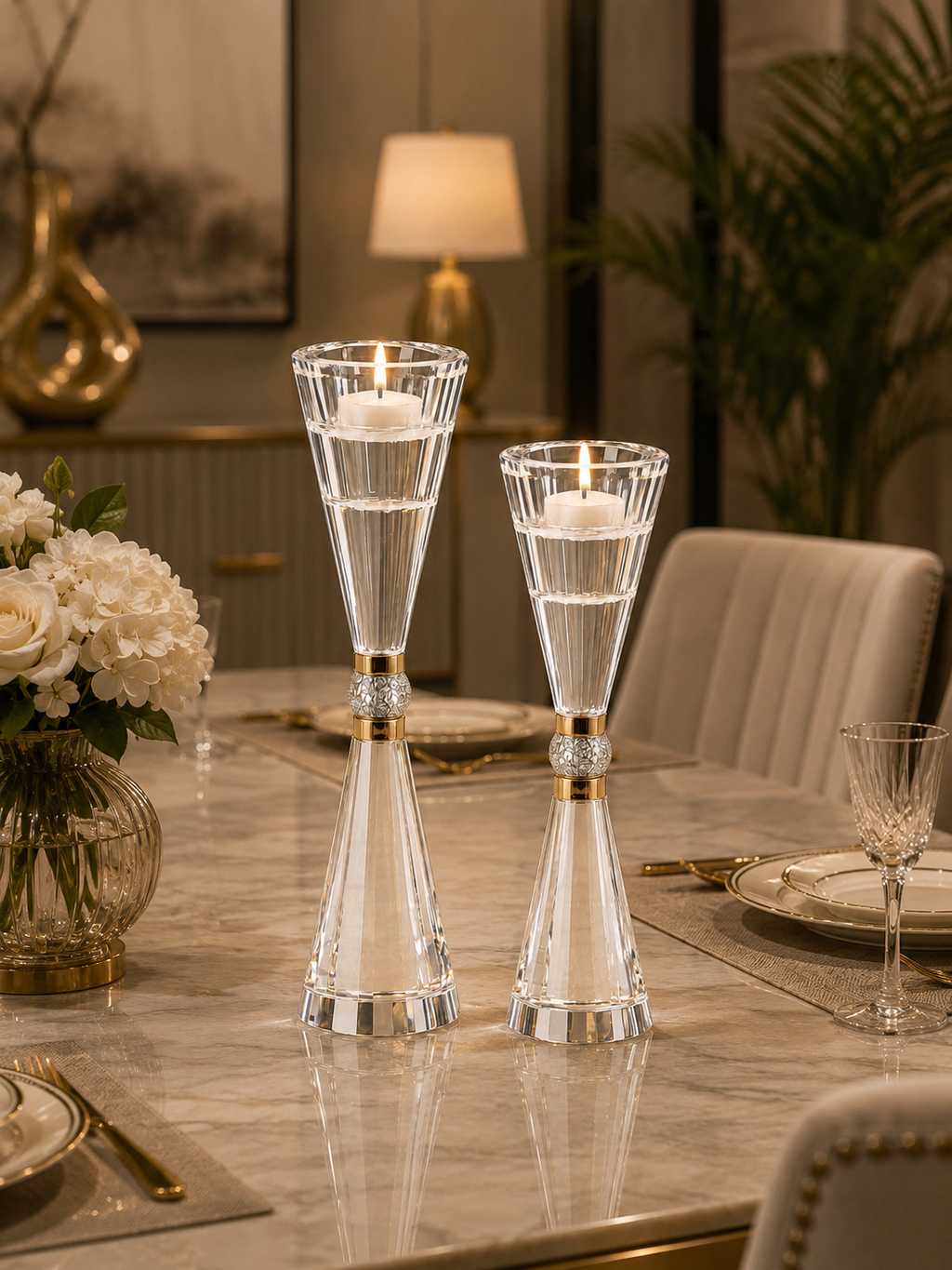 Luxury Crystal Glass Candle Holder Set | Modern Tealight Candle Stand | Elegant Table Centerpiece | Set of 2