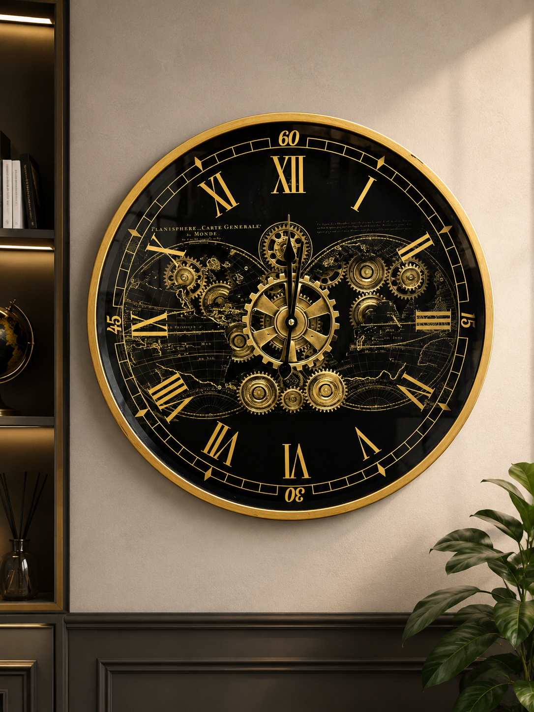 Luxury Black & Gold Vintage World Map Gear Wall Clock