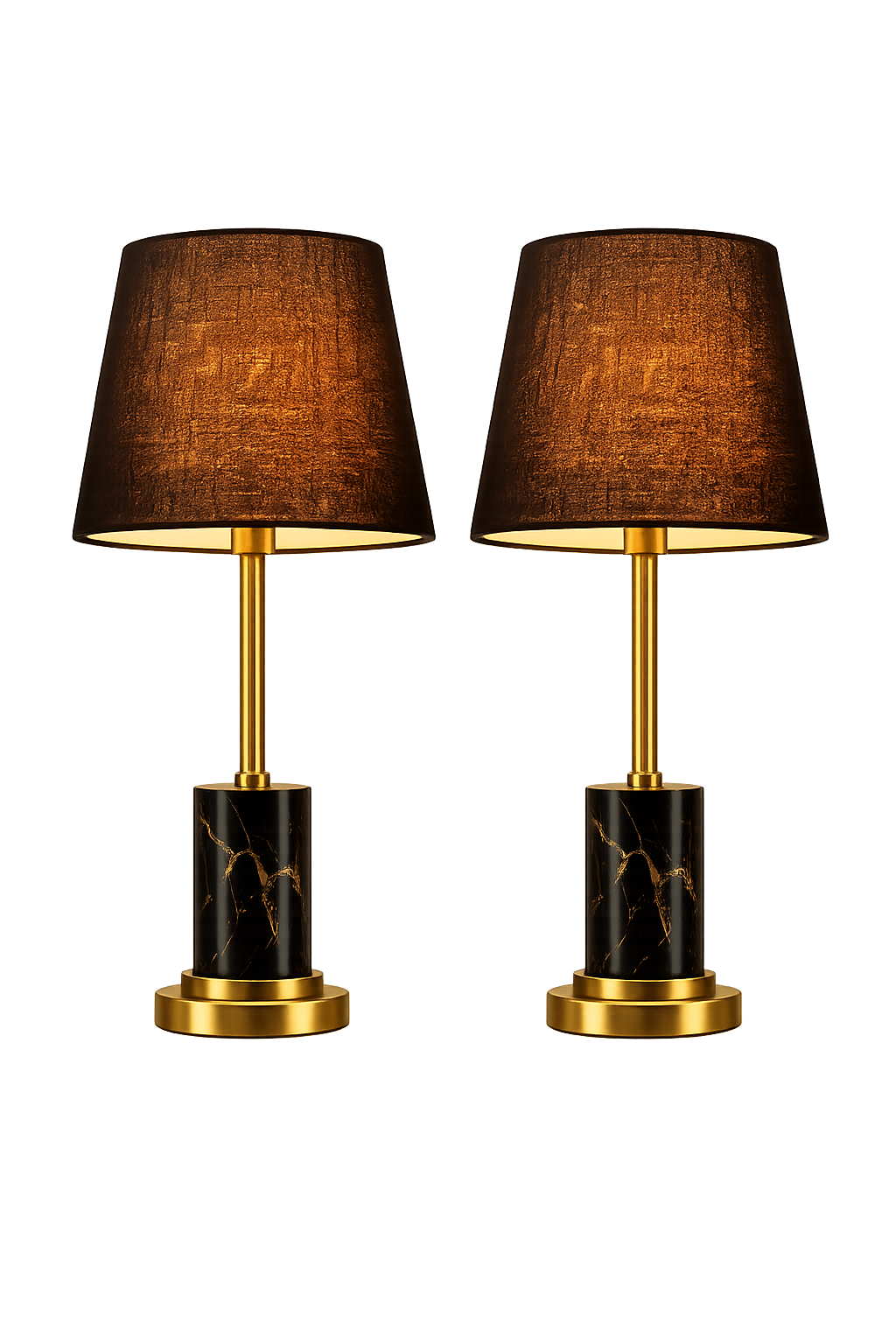 Modern Black Marble Table Lamp Pair with Fabric Shade | Luxury Bedside Lamps (Set of 2)