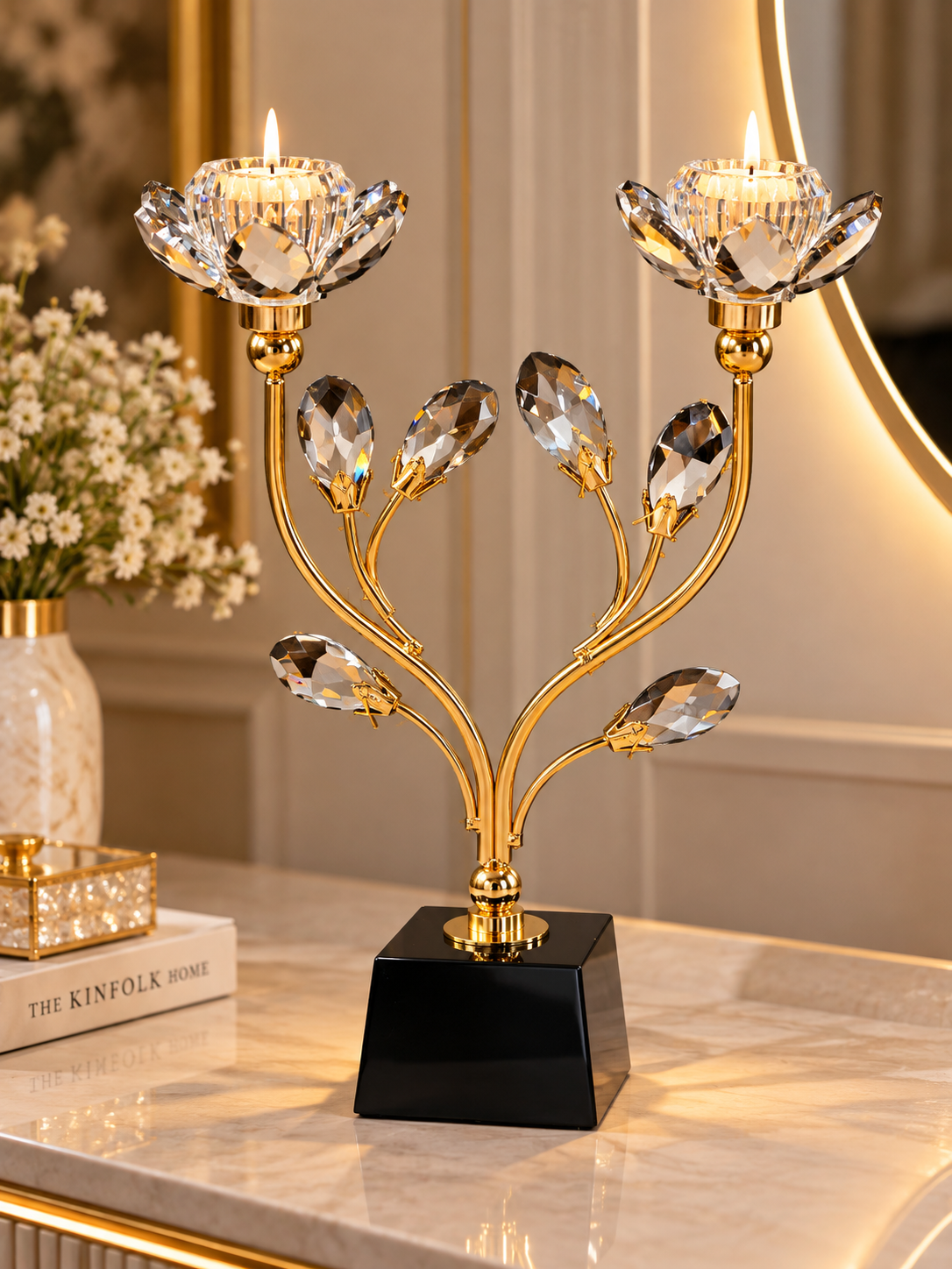 Luxury Gold Crystal Double Lotus Candle Holder – Elegant Decorative Candle Stand