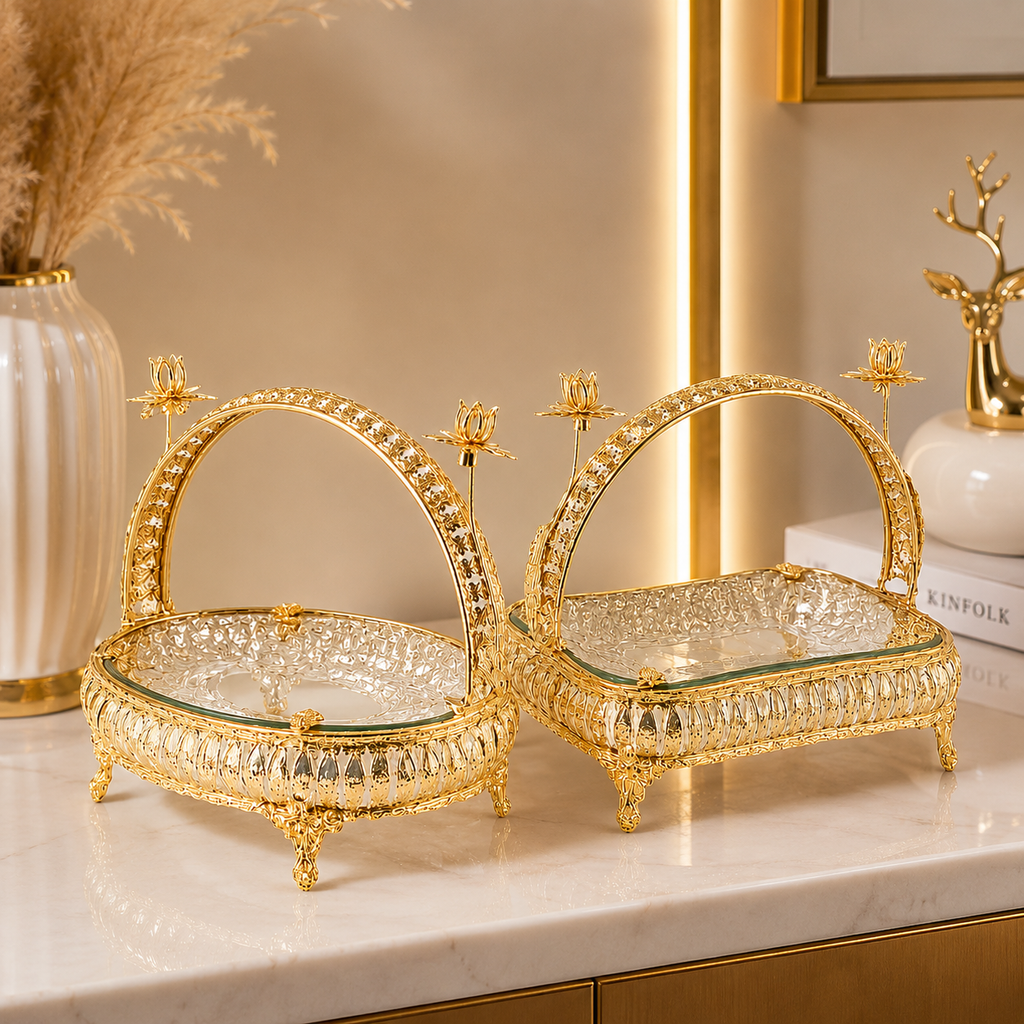 Luxury Gold-Plated Ceramic & Metal Serving Tray with Handle
