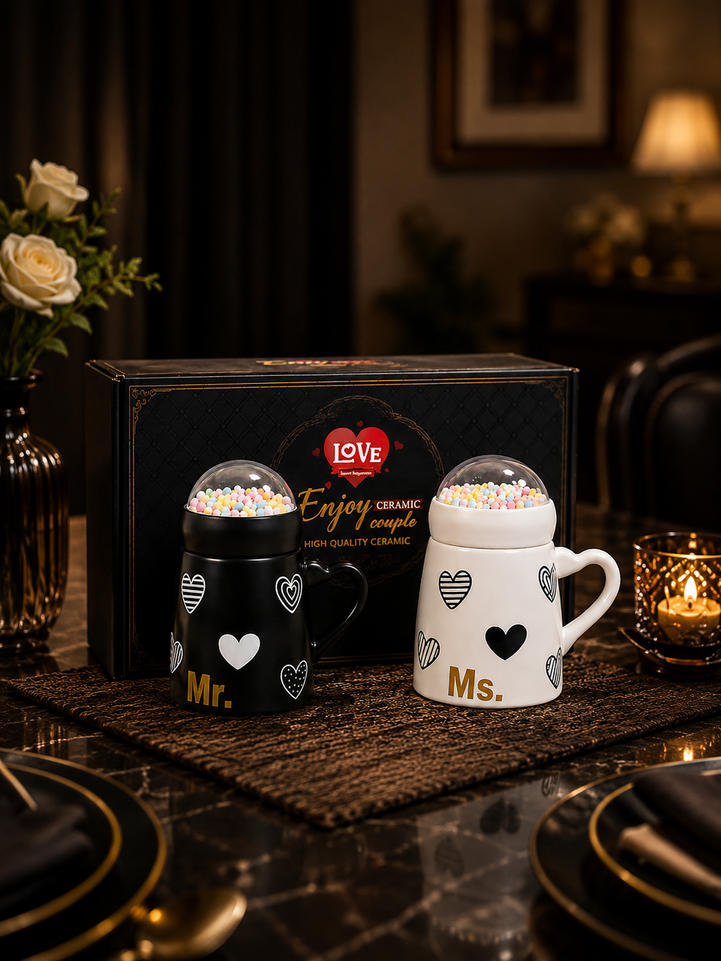 Premium Mr. & Ms. Ceramic Couple Mug Set – Elegant Heart Design Coffee Cups with Box