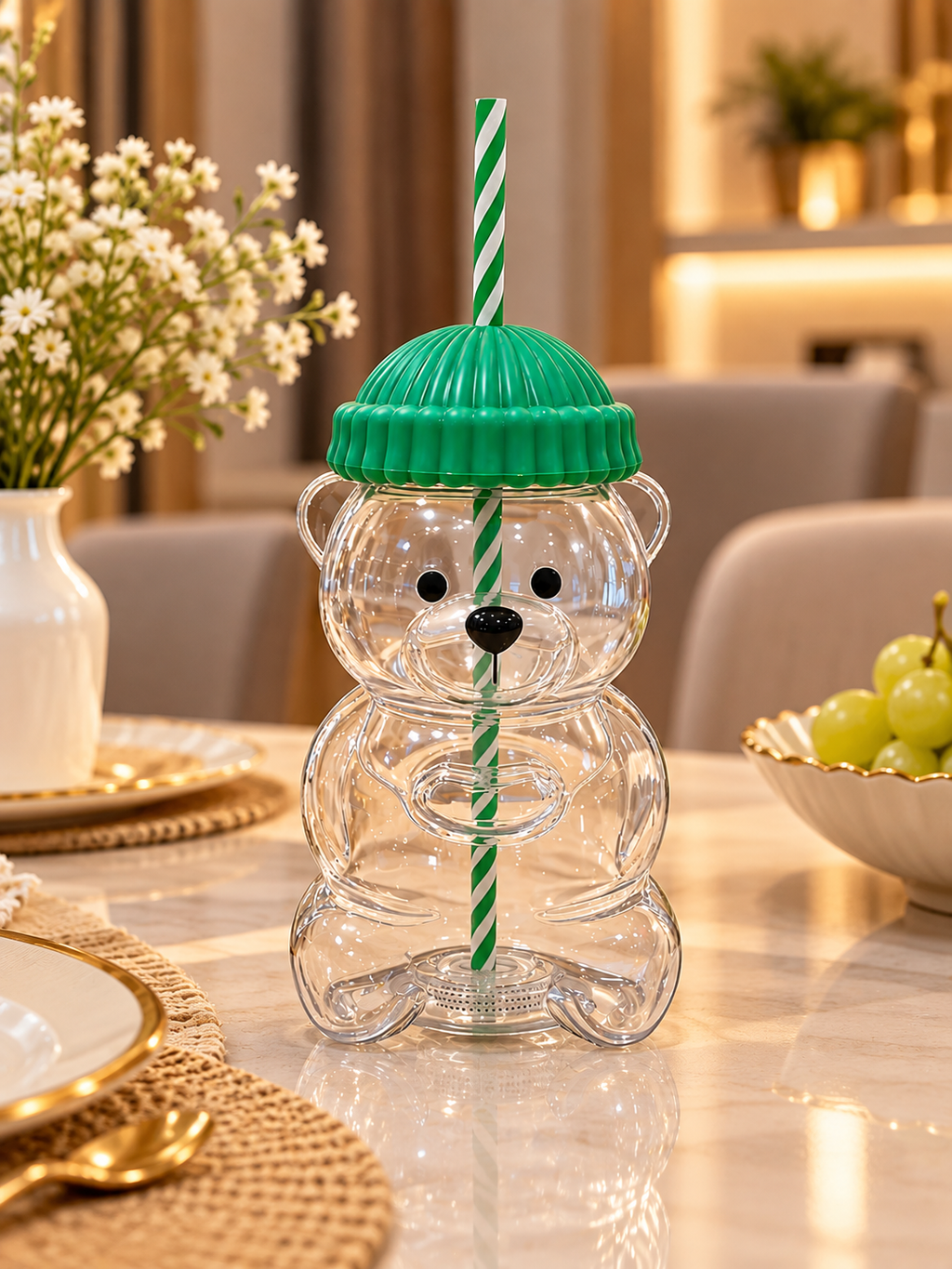 Cute Bear-Shaped Green Tumbler Cup with Straw & Lid