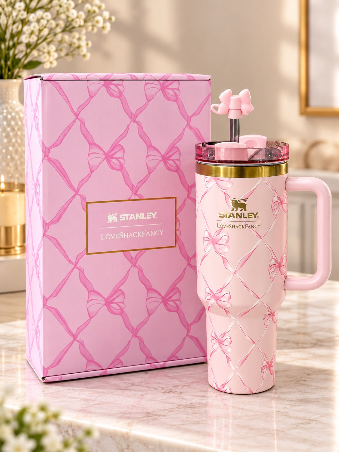 Stanley x LoveShackFancy Pink Bow Tumbler with Handle & Straw