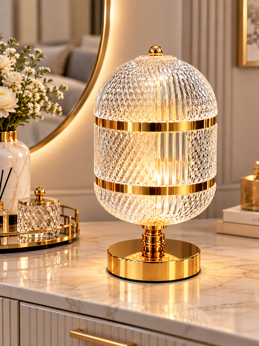 Luxury Acrylic+Crystal & Gold Table Lamp – Elegant Decorative Bedside Lamp