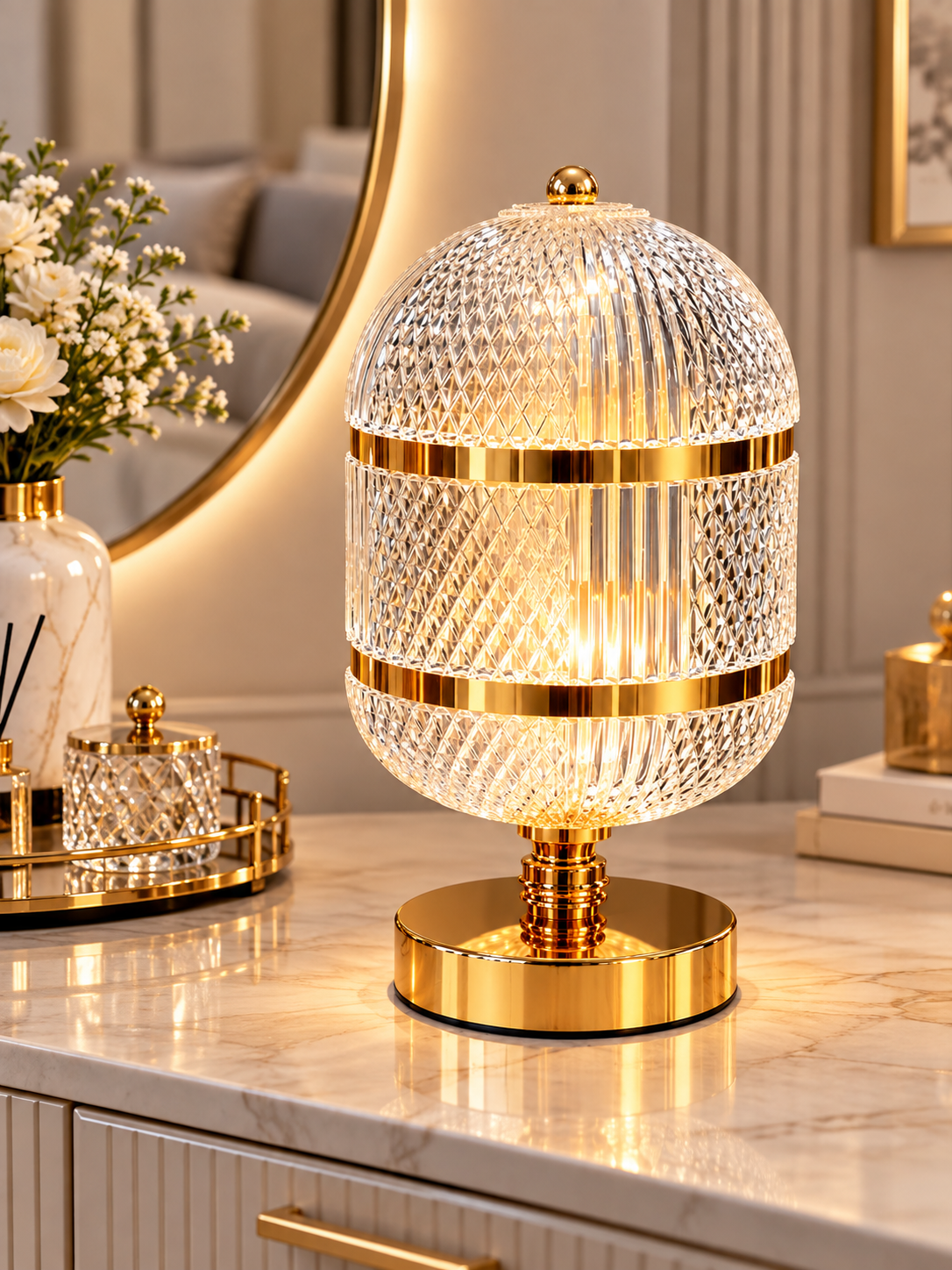 Luxury Acrylic+Crystal & Gold Table Lamp – Elegant Decorative Bedside Lamp