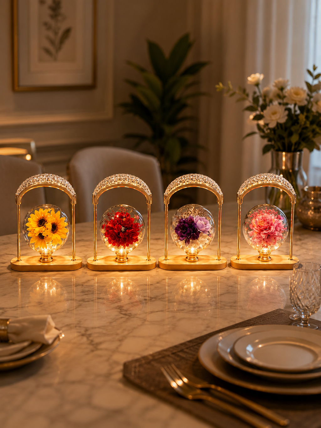 Enchanted Floral Acrylic Globe Arch Lamp – Luxury Gold Frame LED Night Light
