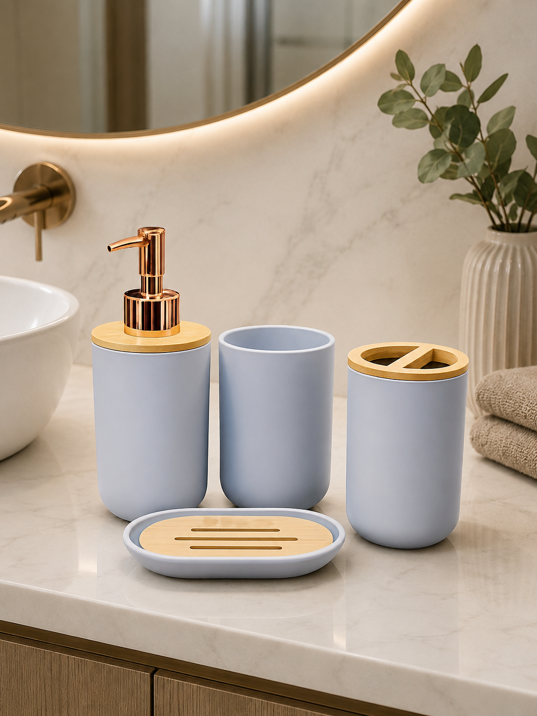 4-Piece Modern Bathroom Accessories Set | Soap Dispenser, Toothbrush Holder, Tumbler & Soap Dish