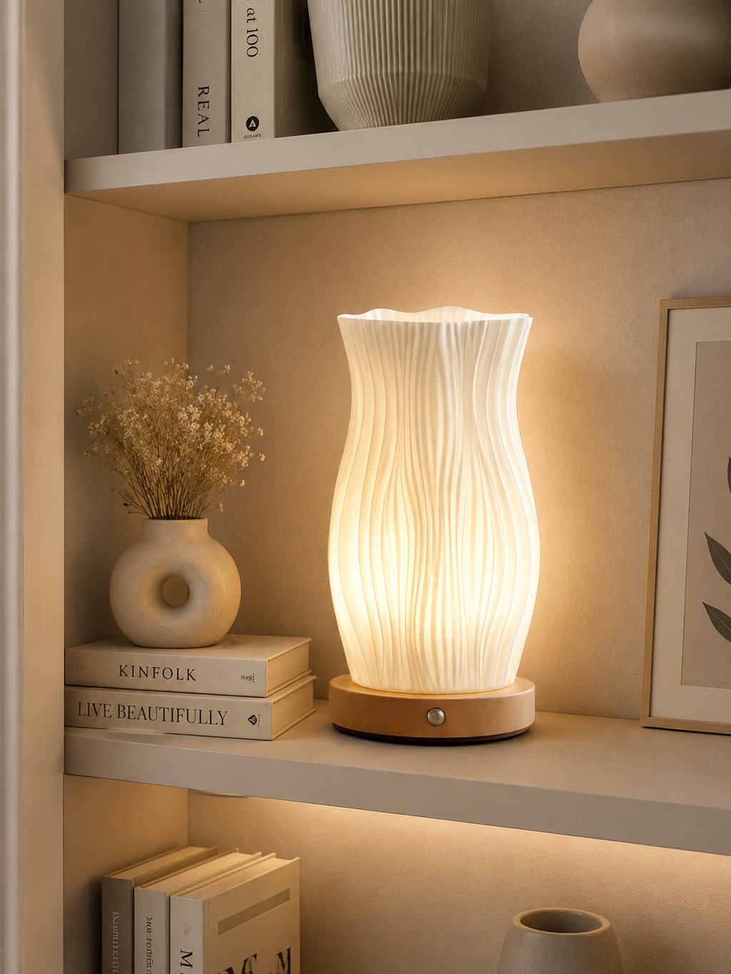 Modern Wave Table Lamp & Decorative Flower Vase | Wooden Base & Fibre Shade