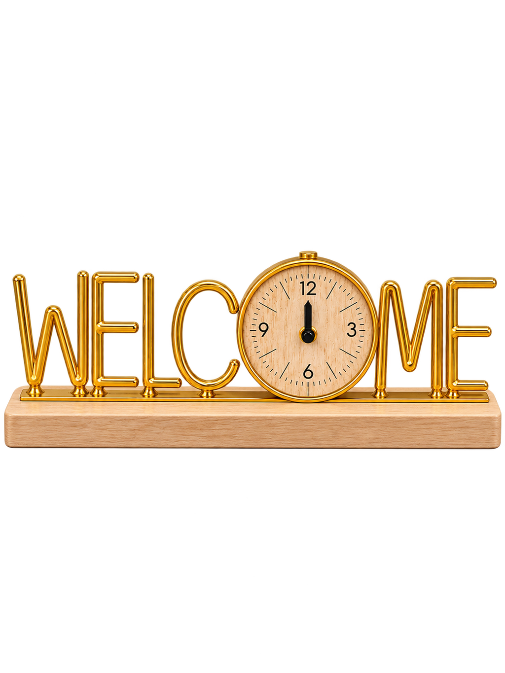 Gold Welcome Table Clock – Elegant Decorative Word Clock with Wooden Base for Home & Office