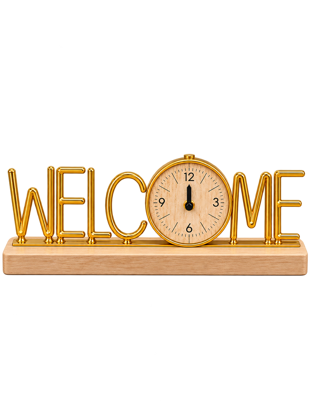Gold Welcome Table Clock – Elegant Decorative Word Clock with Wooden Base for Home & Office