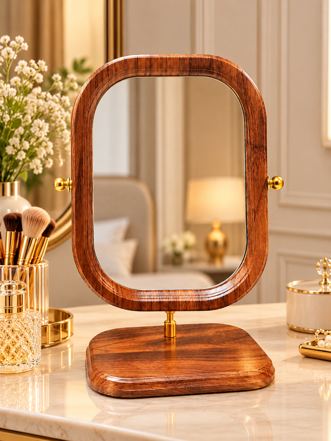 Luxury Wooden Frame Table Mirror with Gold Accents – Elegant Dressing Mirror