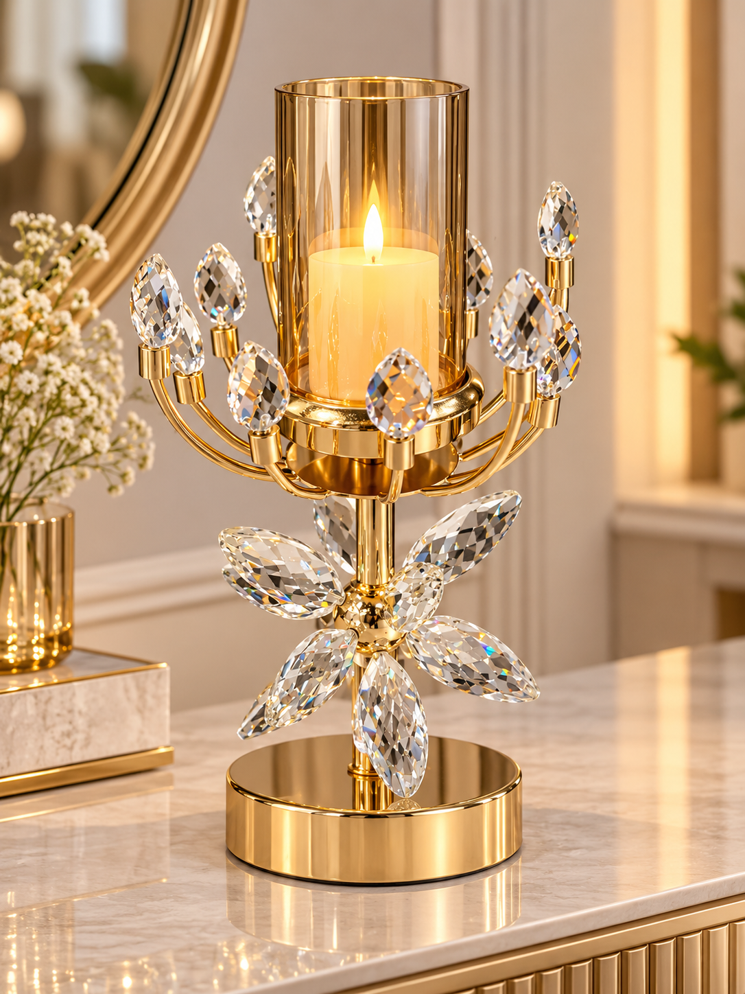 Luxury Gold Crystal Floral Candle Holder with Butterfly Flower Design